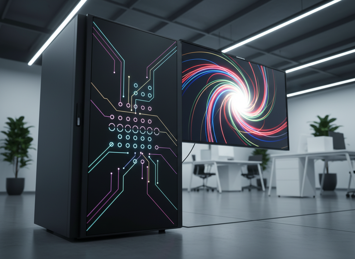 A sleek, matte-black AI server unit sits in a minimalist technology lab, its front panel alive with small, softly glowing indicators forming an elegant pattern rather than readable labels. Next to it, a large monitor shows a photographic interface of swirling, color-coded process pathways that converge into a bright, focused center, symbolizing AI-enabled process improvement without text. Cool, directional LED lighting from above creates controlled highlights on the server’s brushed metal edges and subtle reflections on the floor’s polished concrete. Shot from a low, slightly angled perspective for a sense of capability and leadership. The atmosphere is precise, innovative, and calm, with photographic realism highlighting technical sophistication in a professional consulting context.