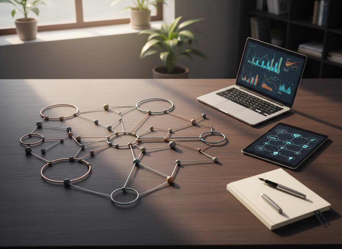 An overhead photographic view of a large dark-wood desk where a detailed systems map is constructed from thin metallic rods and small magnetic nodes in various muted colors, forming loops, branches, and feedback circles. Around it, an open laptop with abstract graphs, a tablet showing a process flow made of icons instead of text, and a neatly stacked notebook with a fine metal pen create a ring of tools. Morning light from a nearby window washes across the desk, producing long, soft-edged shadows and gentle highlights on metal surfaces. The composition uses rule of thirds, with the network diagram as the anchor. The mood is analytical yet creative, emphasizing systemic thinking and complexity made visible, in a clean, modern, photographic style.