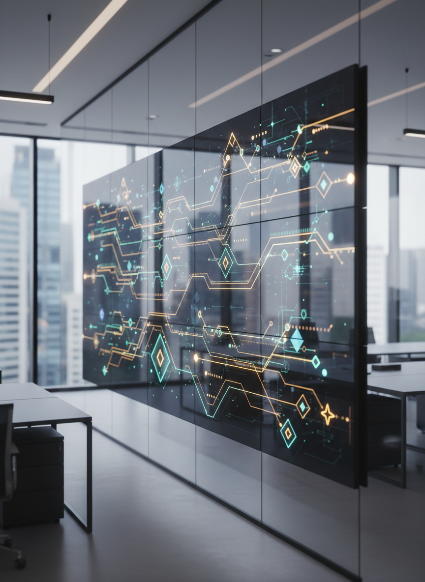 A large, wall-mounted digital dashboard fills the frame, displaying an intricate but orderly web of interconnected data nodes, timelines, and project milestones represented as glowing geometric forms rather than text. The dashboard is set in a glass-walled, modern consulting office with clean lines, dark matte desks, and a city skyline softly blurred through the windows. Cool, diffused daylight combines with subtle warm overhead lighting, creating gentle reflections on the screen’s surface. Photographic realism at eye level, with a shallow depth of field that keeps the dashboard sharp while the environment fades into soft bokeh. The mood is focused and confident, suggesting clarity emerging from complexity in a professional, inclusive workspace without visible people.