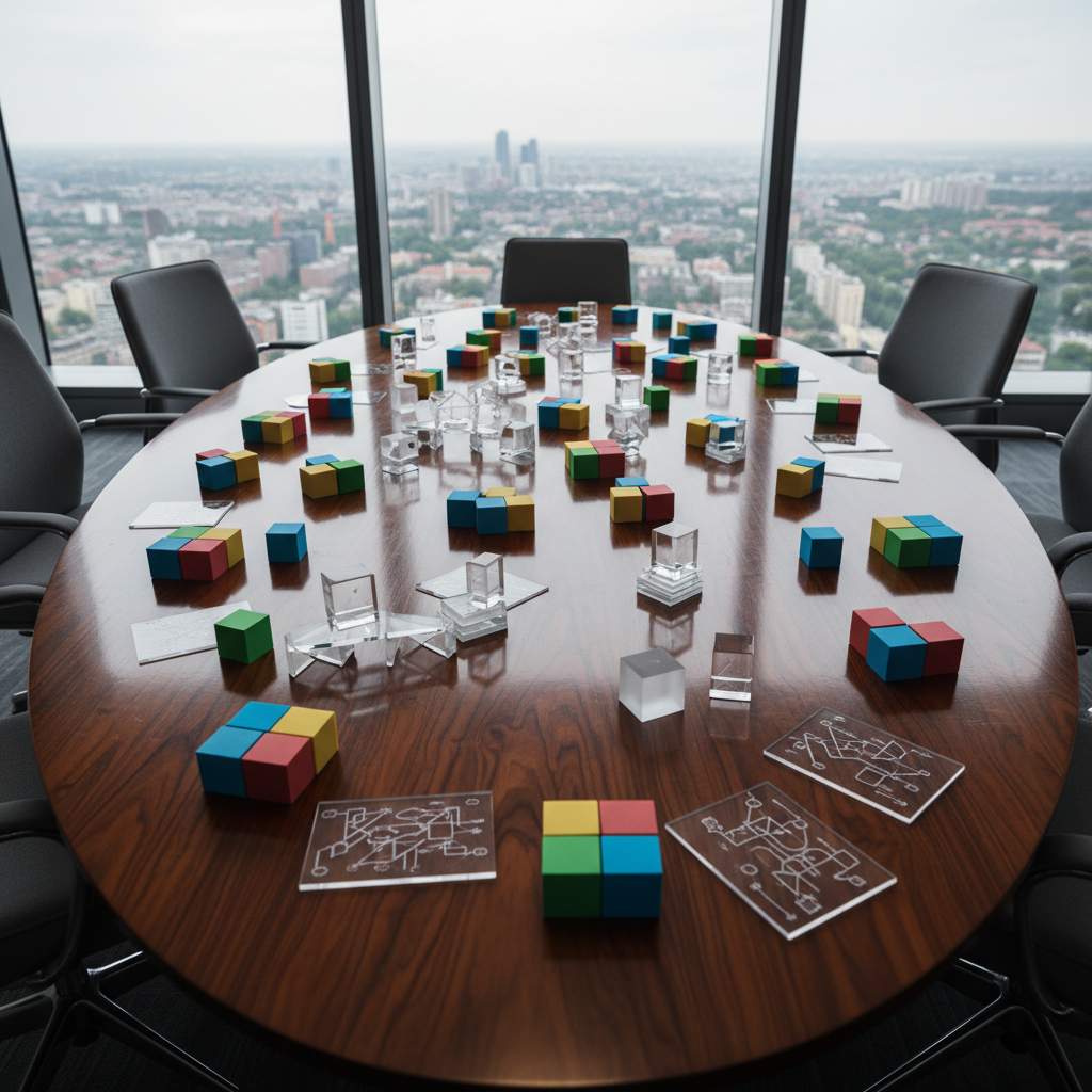 A polished oval conference table is seen from a slightly elevated angle, covered not with papers but with meticulously arranged artifacts of analysis: color-coded sticky cubes, interlocking transparent blocks, and layered acrylic cards etched with abstract diagrams instead of words. Surrounding chairs are empty yet slightly pulled back, suggesting recent collaboration. Floor-to-ceiling windows reveal an overcast cityscape, with soft natural light gently illuminating the objects and casting crisp but delicate shadows across the tabletop’s dark wood grain. Photographic realism with sharp focus throughout, creating a sense of structured thinking and shared problem-solving. The atmosphere feels professional, methodical, and inclusive, emphasizing leadership in action without showing any human figures.